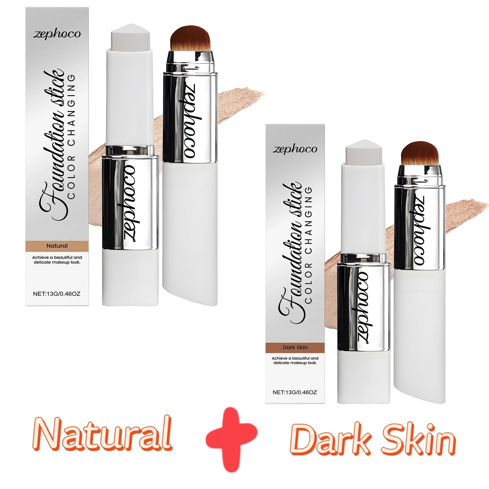 Zephoco Color Changing Foundation Stick Aloe Vera Waterproof Matte High Coverage Makeup Base 2 in 1 Blemish Cover Foundation 13g Qme Set 2