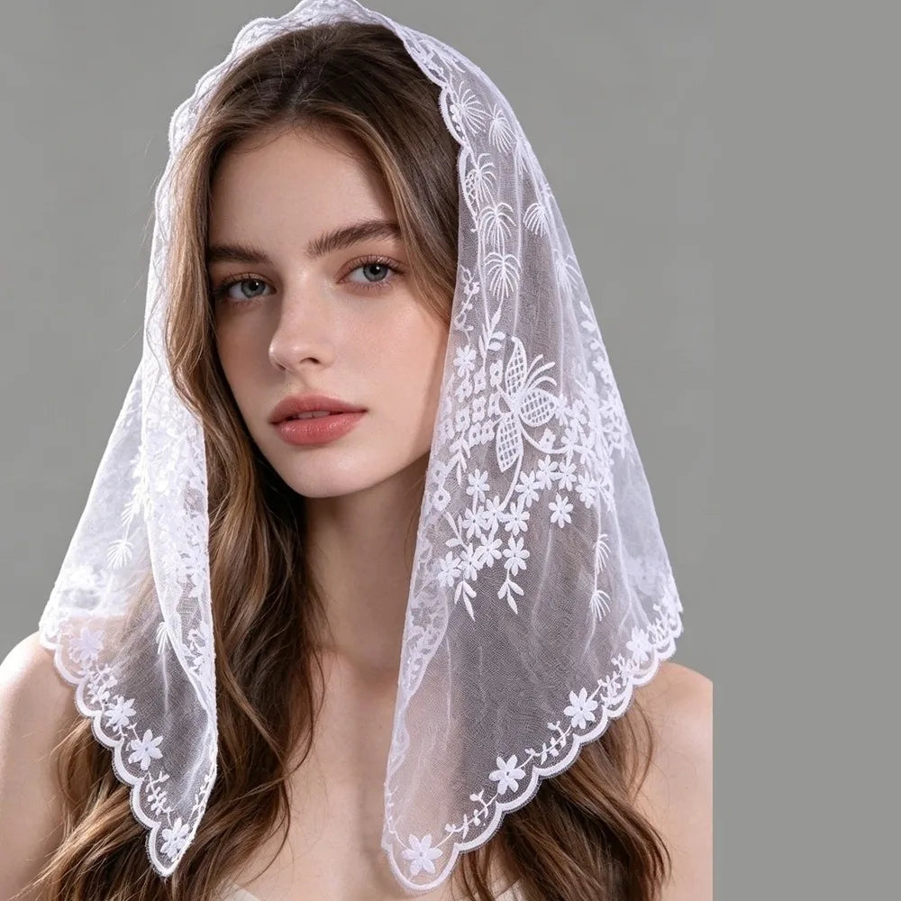 Lace Polka Dot Triangle Shawl Lightweight Breathable Head Scarf Qme White Floral