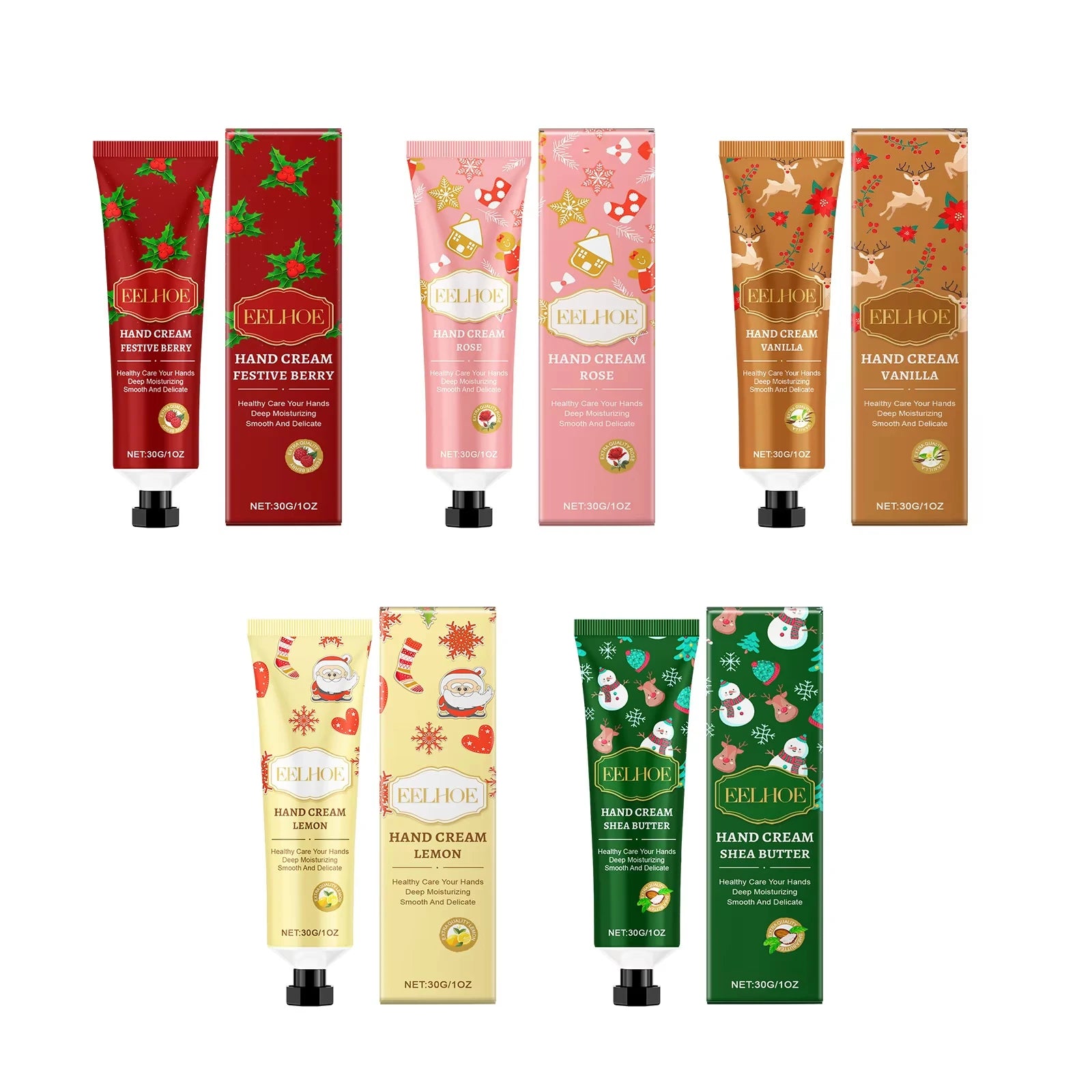 Christmas Hand Cream Moisturizing Refreshing Hand Cream for Dry Cracked Skin Nourishing Anti-Drying Smooth Winter Hydration 30g Qme 5 in 1 set