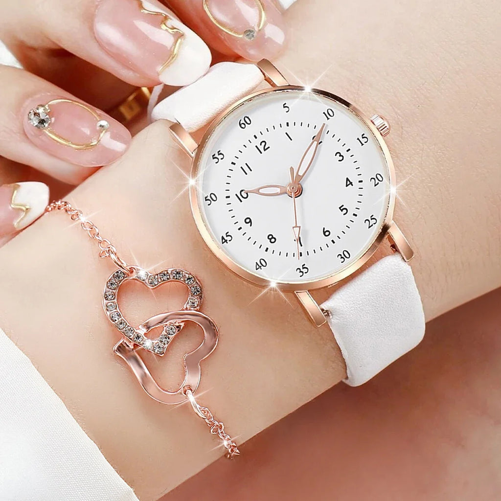 6PCS/Set Women's Quartz Watch Fashion Arabic Dial Leather Band Quartz Watch Jewelry Set（Without Box） Qme
