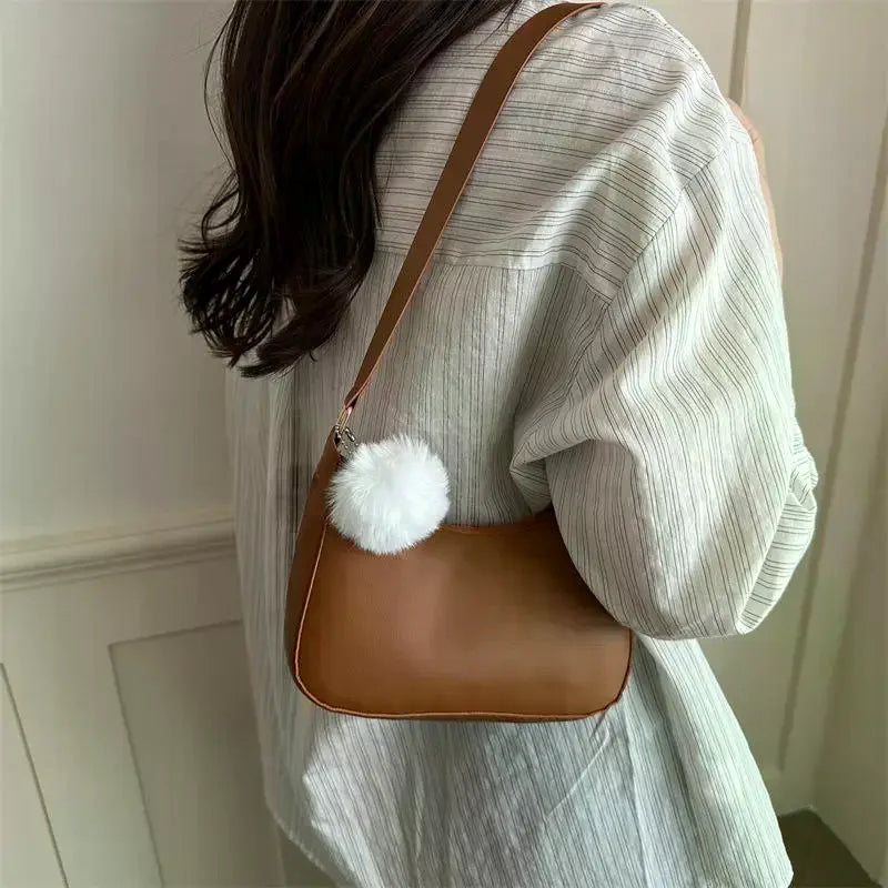 1Pcs Trendy And Simple Solid Color New Small Square Bag High Quality Fashion Single Shoulder Armpit Bag With Hairball Qme