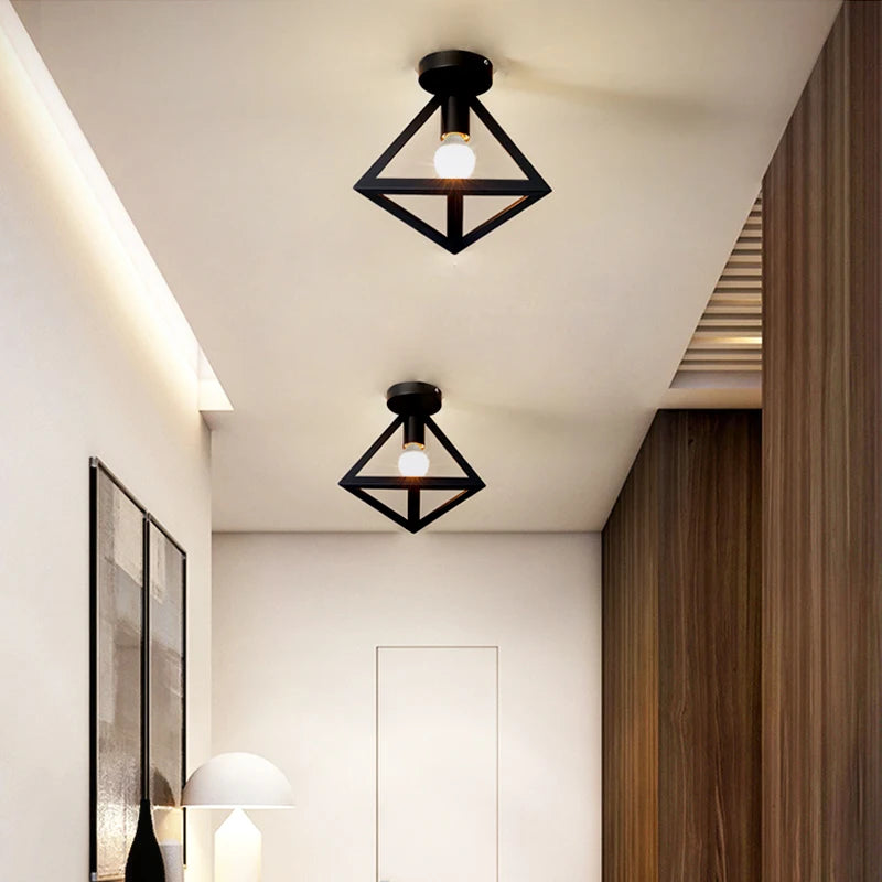 E27 Retro Ceiling Lamps Black Industrial Light Fixture Vintage Semi Flush Mount Ceiling Lights Porch Hallway Stairway Mini Metal Qme