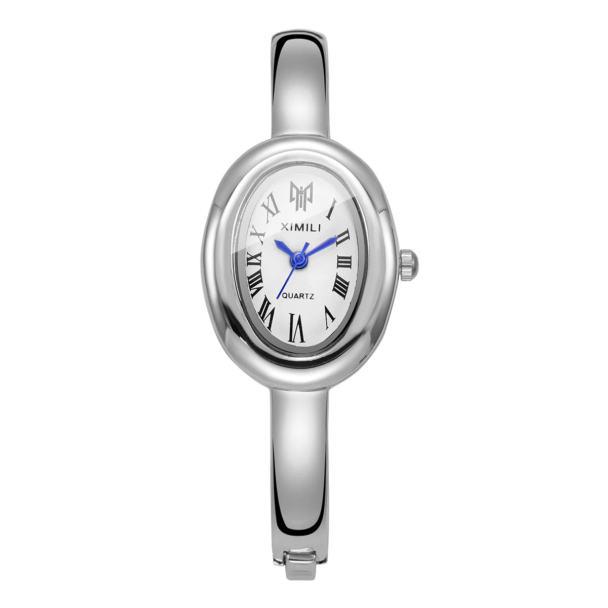Minimalist Thin Gold Metal Bangle Ladies Watch, Small Oval Dial Roman Scale Quartz Dress Watch, Elegant Gift for Girls Women Qme Silver White