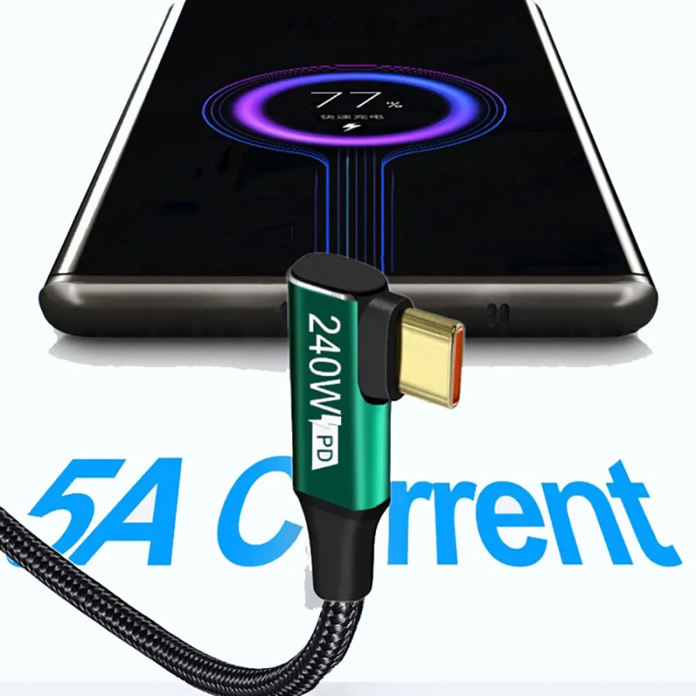 240W 90 Degree Type-C Data Cord PD High-Speed Data Line USB C Fast Charging Cable for Mobile Phone iPhone Samsung Xiaomi Huawei Qme