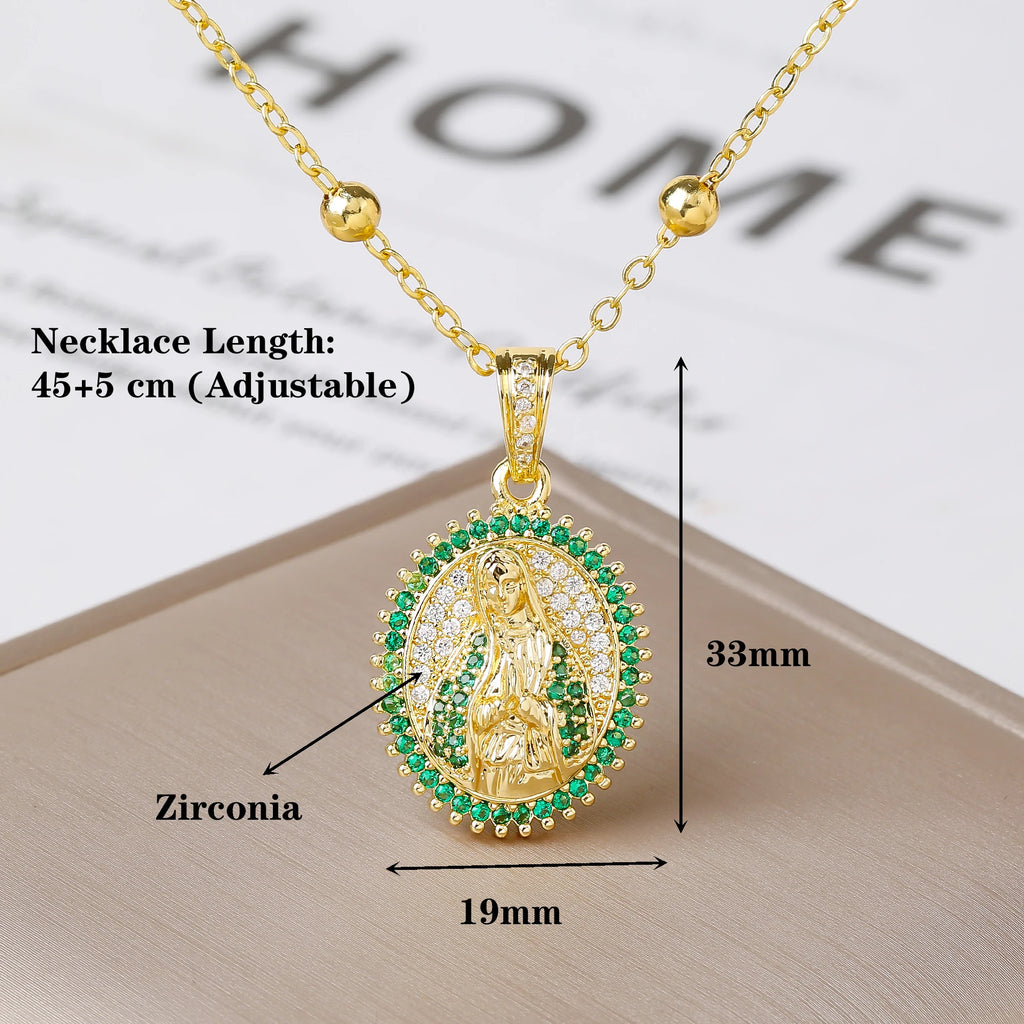 Multicolor Zirconia Oval Rectangle Virgen De Guadalupe Pendant Necklace Catholic Amulet Jewelry For Women Daily Baptism Gift Qme