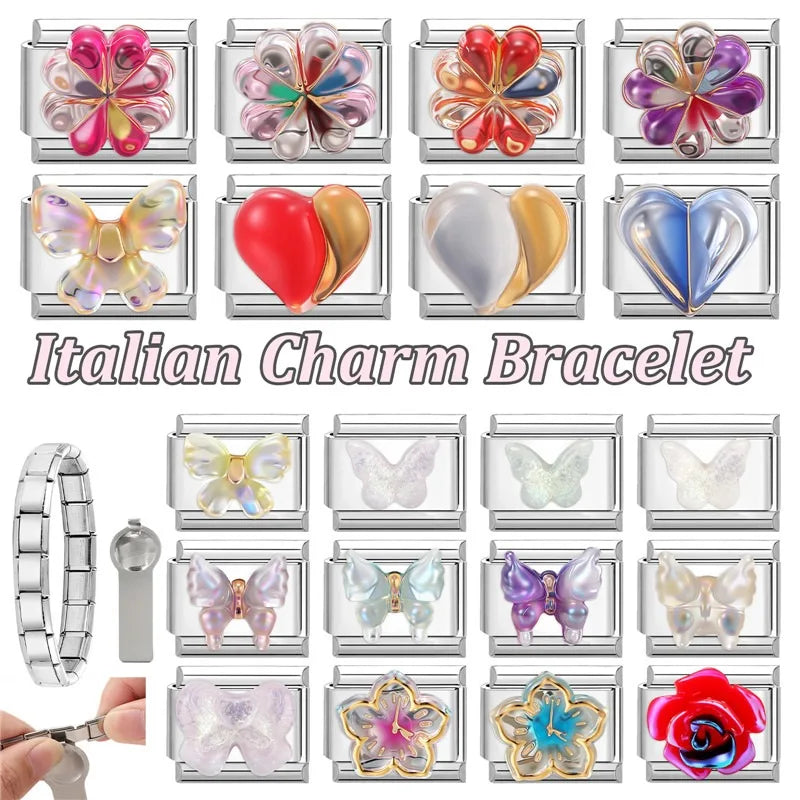 Fashion Colorful Y2K Heart Blue Purple Butterfly Italian Link Fit 9mm Stainless Steel Jewelry Making Charms Bracelets DIY Gifts Qme