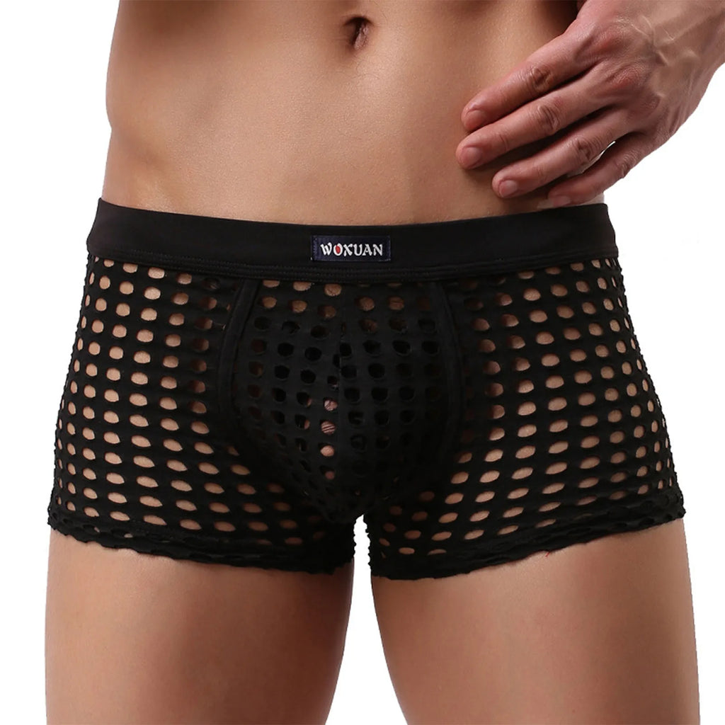 See-through Sexy Mens Mesh Hollowed Out Shorts Underwear Breathable Loose Comfortable Erotic Thongs Qme Black XL