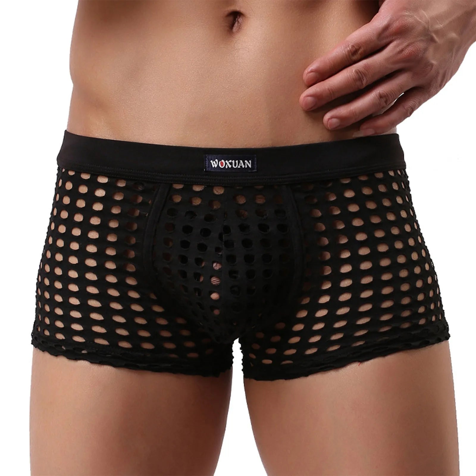 See-through Sexy Mens Mesh Hollowed Out Shorts Underwear Breathable Loose Comfortable Erotic Thongs Qme Black XL