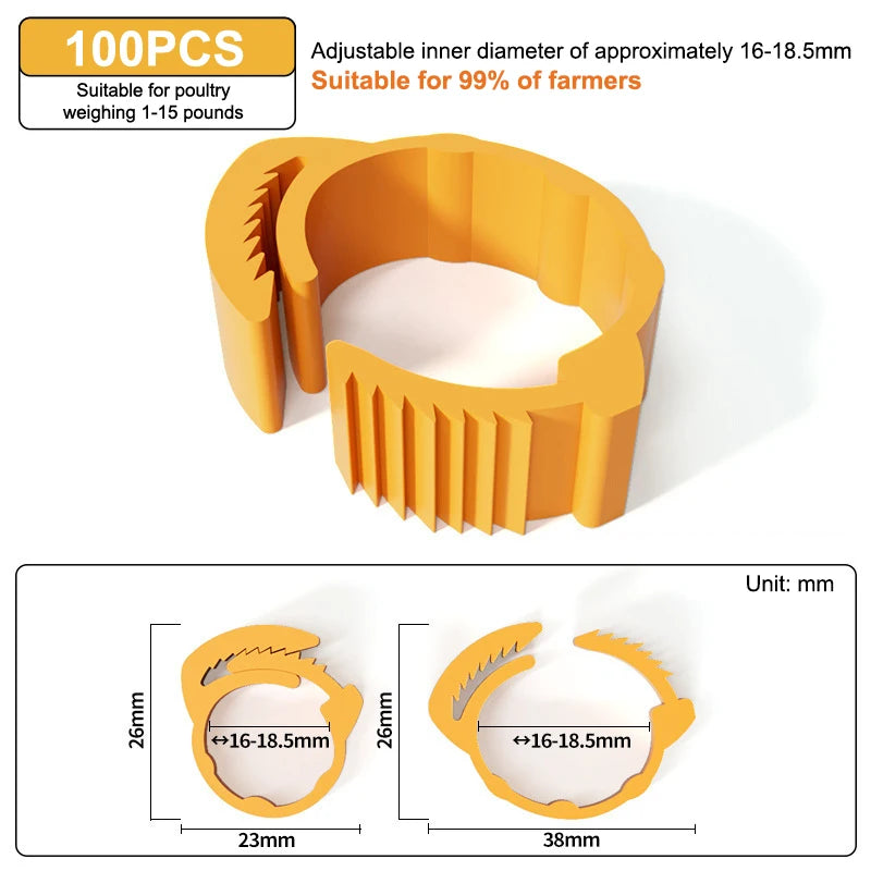 100Pcs 16~18.5mm Chicken Foot Rings Adjustable Poultry Leg Snap Ratchet No Number Buckle Clip Chick Duck Goose Pigeon Raising Qme Orange