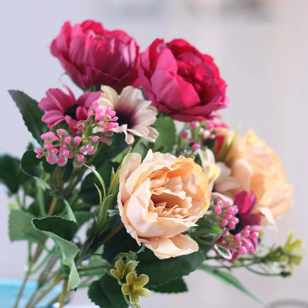 Peony Flowers Silk Artificial Bouquet Babybreaths Accessories Fake Daisy Flowers Wedding Home Decor Room Decoration Party Qme Red