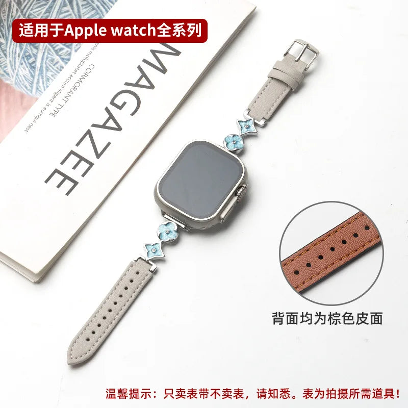 Applicable to iWatch10 strap Apple S9 watch AppleWatch metal four-leaf clover S8 leather S7S6 women's model Qme Blue and gray Ap-3841S10-42mm