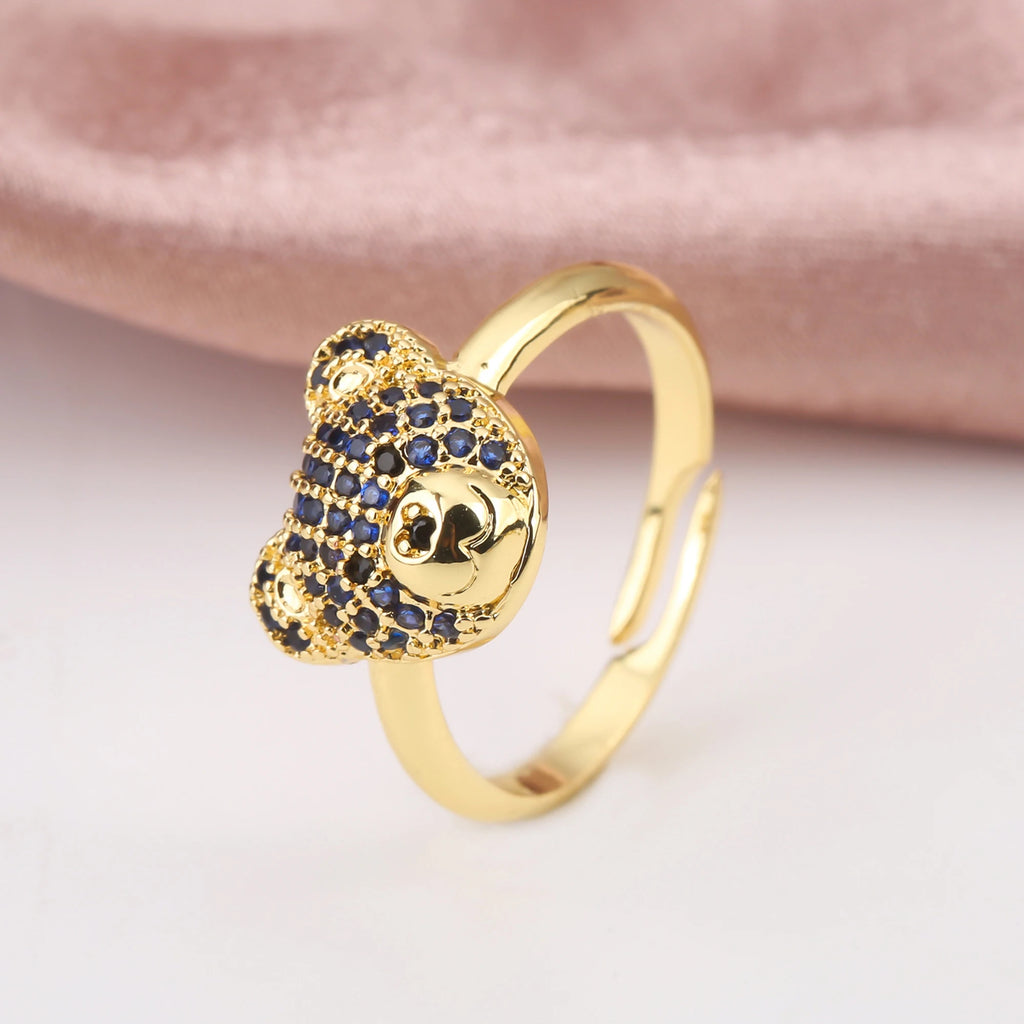 Shiny Cubic Zircon Bear Ring Cute Animal Gold Plated opening Adjustable Ring Luxury for Man Woman Party Jewelry Friendship Gift Qme Dark Blue resizable