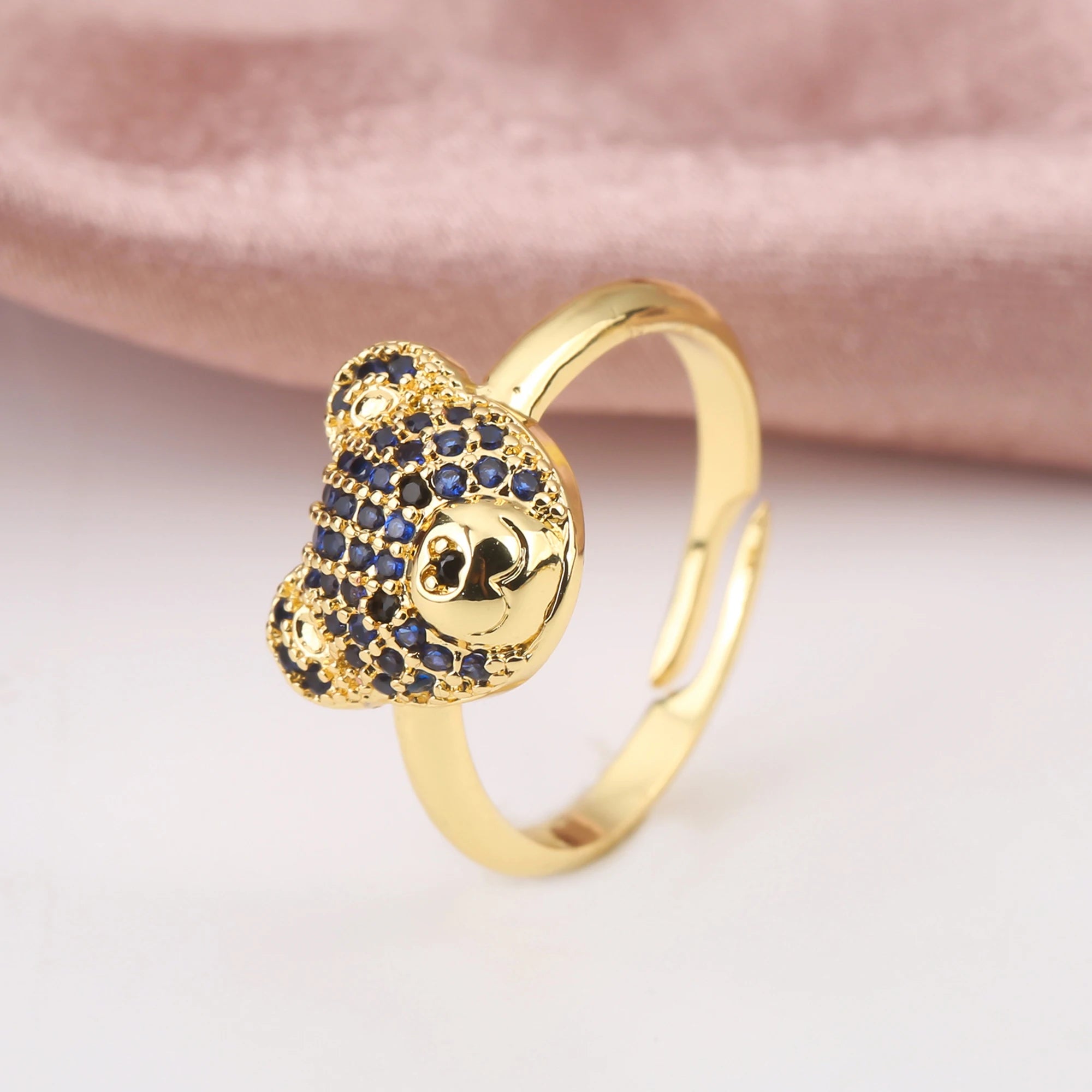Shiny Cubic Zircon Bear Ring Cute Animal Gold Plated opening Adjustable Ring Luxury for Man Woman Party Jewelry Friendship Gift Qme Dark Blue resizable