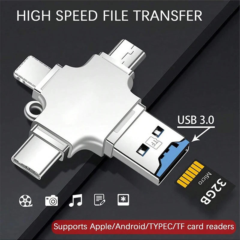 4-in-1 Card Reader Suitable Iphone Laptop Type-c OTG Adapter iOS USB Qme Silver