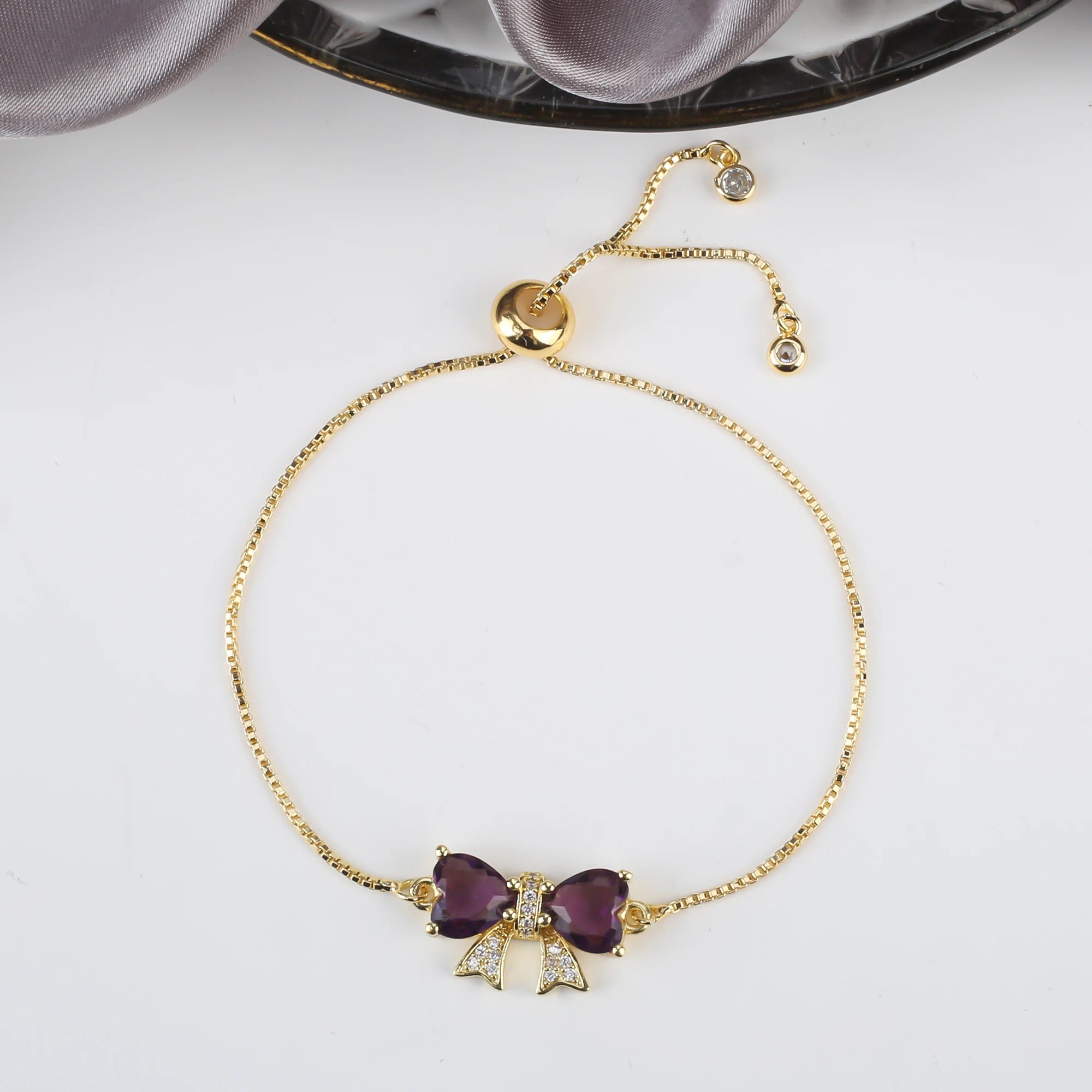 8 Colors Hot Sale Heart Shape Crystal Bow Zirconia Adjustable Bracelet Hip Hop Woman Girl Party Gift Fashion Friendship Jewelry Qme PURPLE