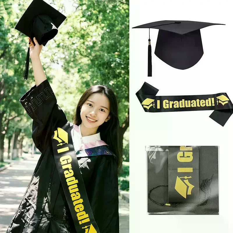 Class Of 2026 Black Golden Satin Sash Bachelor Cap With Tassel Graduation Shoulder Strap Congrats Grad Party Photo Props Qme