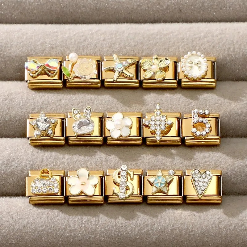 New Women Gems Flower Dollar Heart Star Girl Italian Charm Bracelet Link 9mm Stainless Steel Jewelry DIY Wholesale Drop Shipping Qme