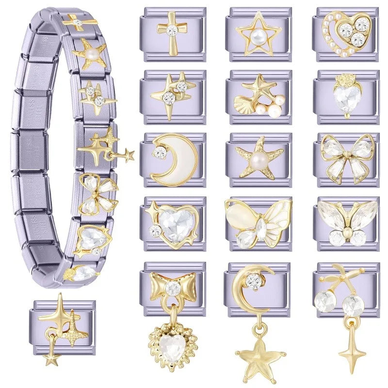 New Gold Color Zircon Heart Star Moon Bow Knot Italian Charm Link Fit 9mm Stainless Steel Bracelet Women Jewelry DIY Making Gift Qme