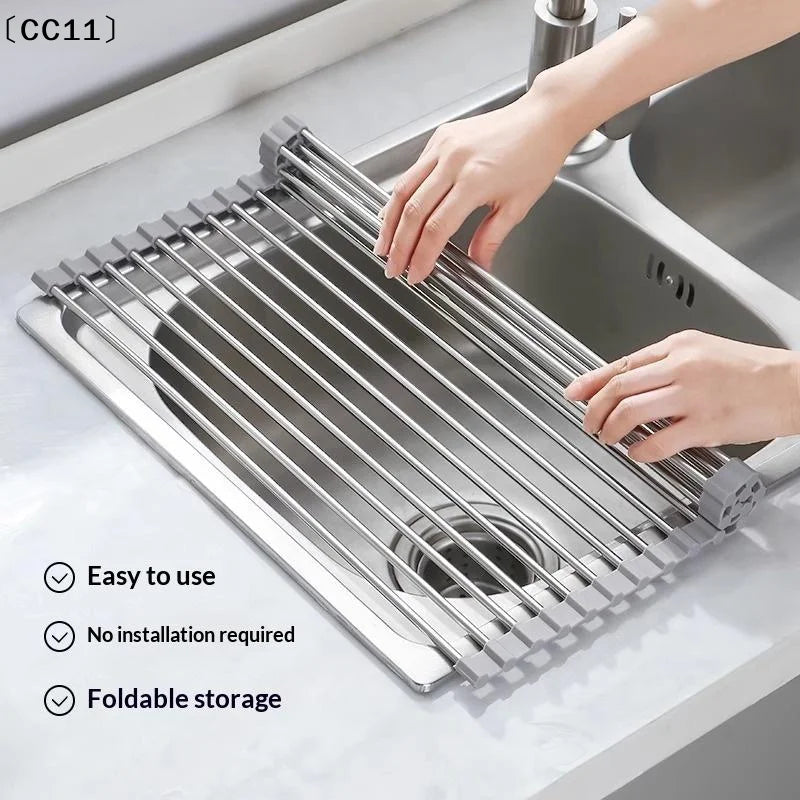 Rollable Foldable Stainless Steel Sink Drying Rack Kitchen Qme