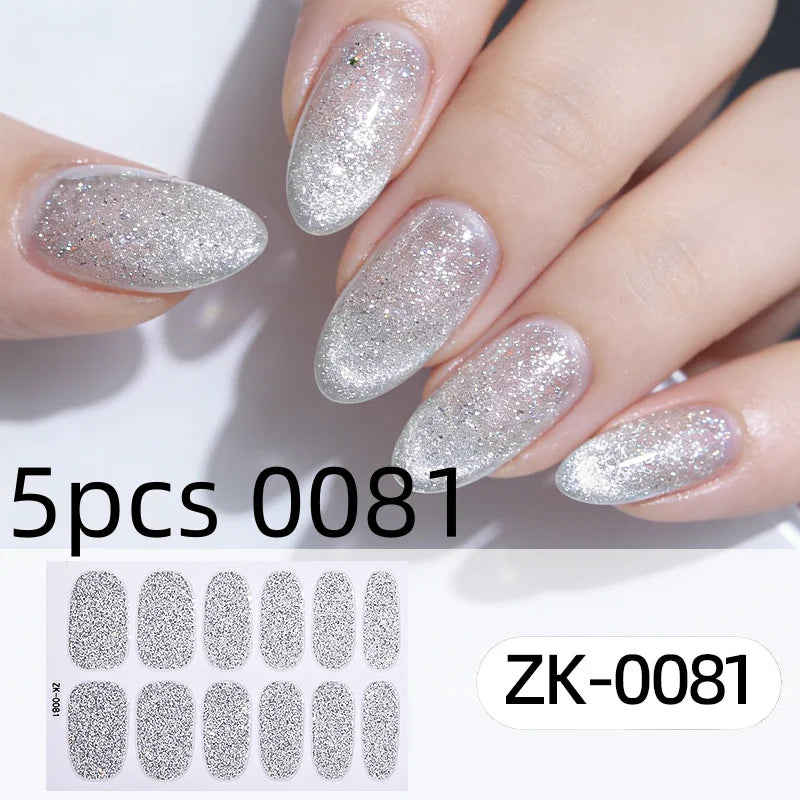 Nail Full Wrap Stickers Nail Glitter Self Adhesive Gel Nail Sticker for Women Home DIY Nail Supplies Manicure Kit Qme 5pcs 0081