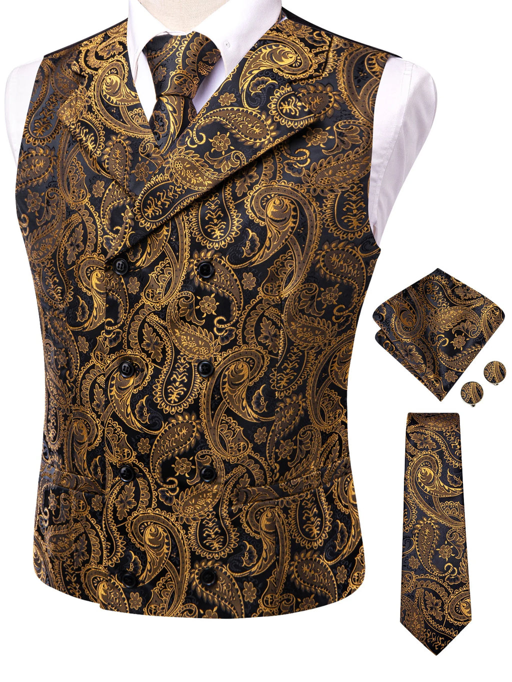 Men's Golden Paisley Vest Tie Hanky Cufflinks Luxury Tops Weddings Qme HT-MJ-0170 XXXL