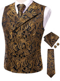 Men's Golden Paisley Vest Tie Hanky Cufflinks Luxury Tops Weddings Qme HT-MJ-0170 XXXL