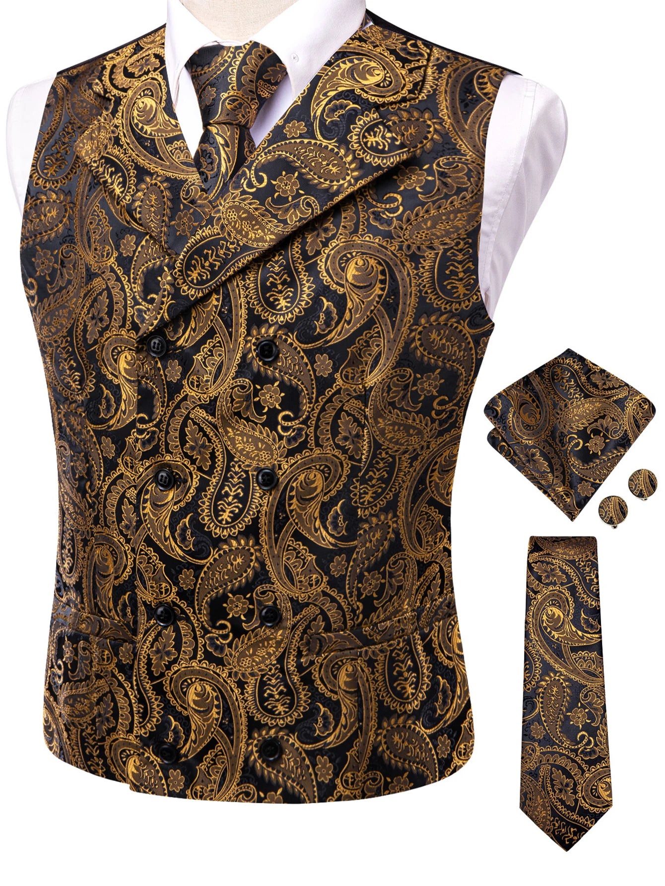 Men's Golden Paisley Vest Tie Hanky Cufflinks Luxury Tops Weddings Qme HT-MJ-0170 XXXL