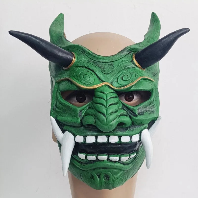 Japanese Horror Legend Hannya Resin Latex Mask Cosplay Ghost Demon Samurai Noh Kabuki Red Prajna Halloween Masquerade Party Prop Qme Latex Green