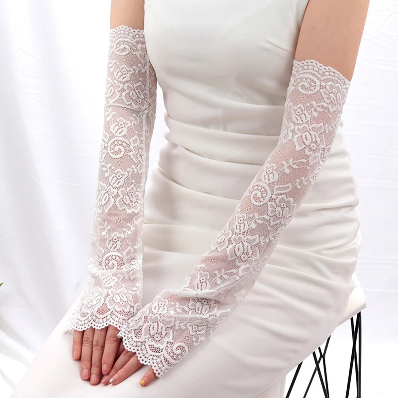 Women Long Lace Gloves Fishnet Mesh Fingerless Mittens Lady Cycling Qme