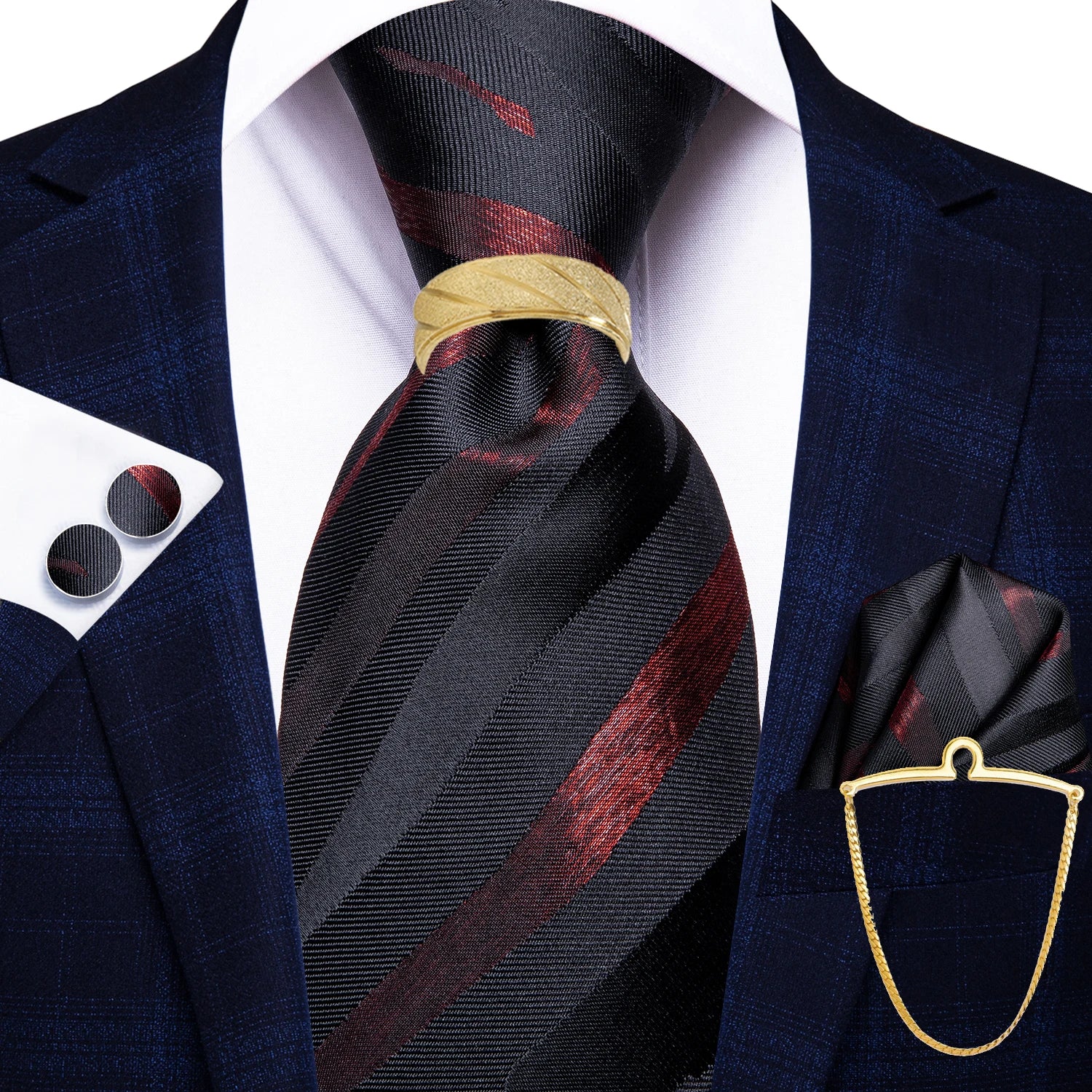 Hi-Tie 5PCS Mens Necktie With Hankie Cuffs Ring Chain-Gift Tie Set Fit Wedding Prom Office Fashion Design Quality Dropshipping Qme N-3571-DPTJ01-LZ01
