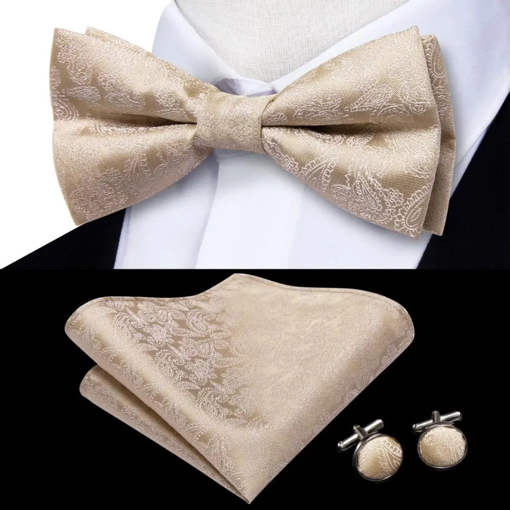 Beige Champagne Gold Mens Bow Tie Hanky Cufflinks Set Jacquard Floral Pre Tied Butterfly Bowtie for Male Wedding silk Business Qme LDLH0560