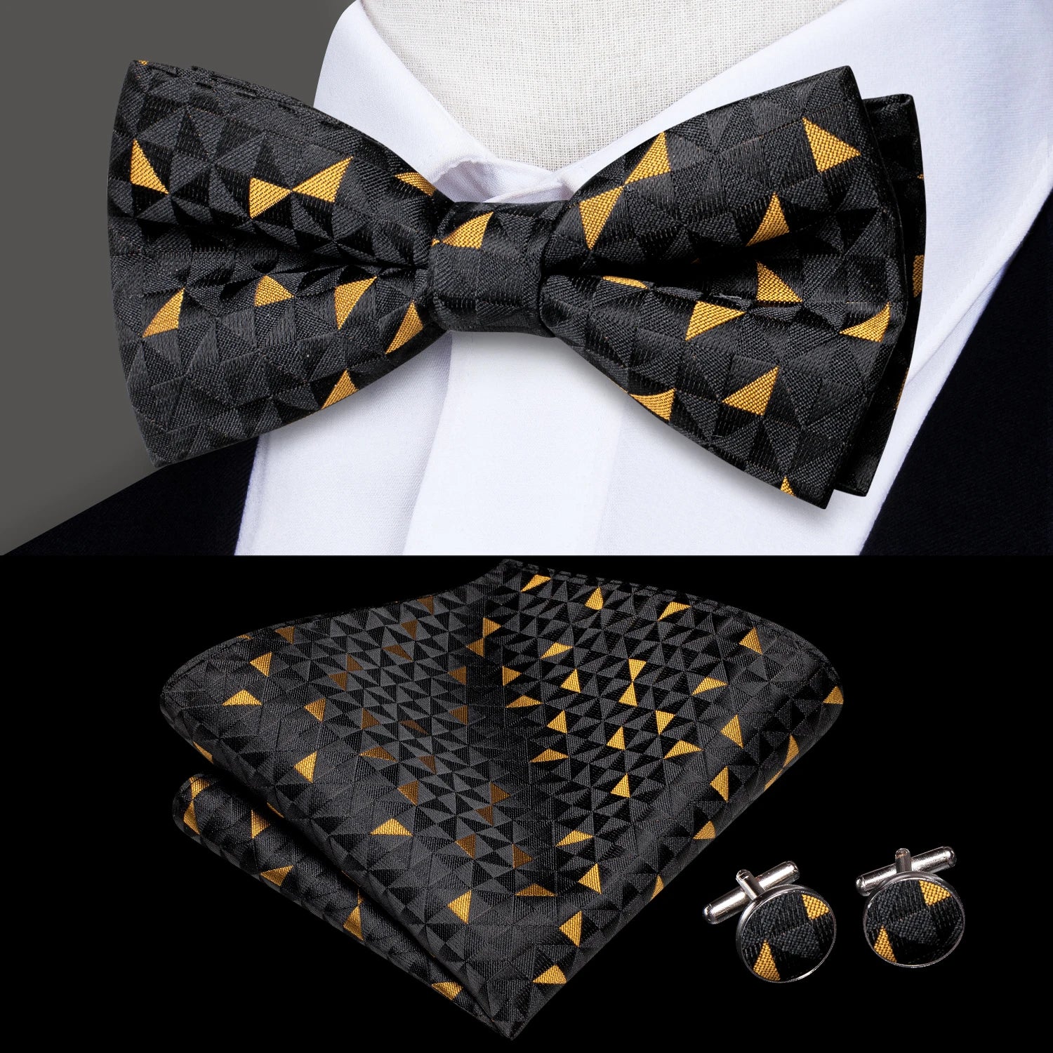Hi-tie Grey Plaid Jacquard Pre-tied Mens Bow Tie Hanky Cufflinks