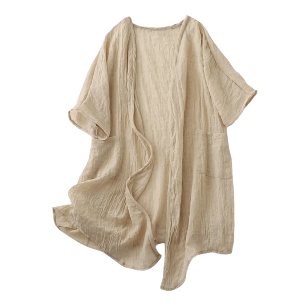 Solid Short Sleeved Linen Cardigan Loose Front Opening Summer Shirt Qme Apricot XXL