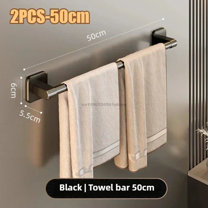 Wall Mounted Towel Rack Bathroom Storage Rack No Drilling Bathroom Horizontal Bar Towel Rack Kitchen Bathroom Accessories Qme 2PCS-Black 50CM