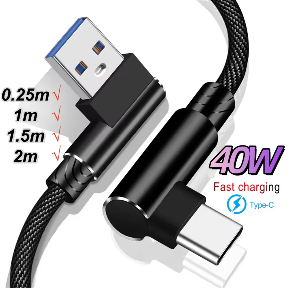 40W 5A USB To Type C Fast charge Weave Data Cable 90 Degree Phone Charger Cable For iPhone Xiaomi Huawei USB Charging Data Wire Qme