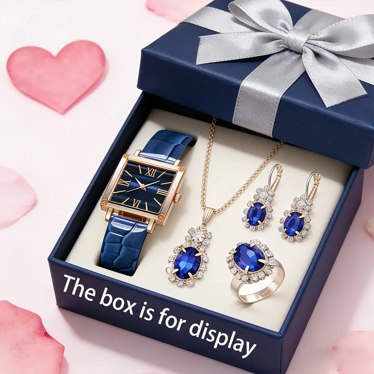 5PCS Romantic Valentine's Day Set, Light Luxury Elegant Watch+Same Color Jewelry Set, Send Girl a Message Qme Blue