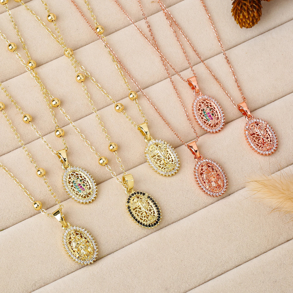Gold/Rose Gold Virgin of Guadalupe Oval Pendant Necklace Rhinestone Filigree Hollow Religious Catholic Necklace for Women Gift Qme