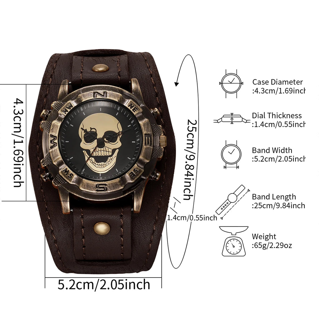 Vintage Skull Men Watch Wide Brown Leather Strap Compass Bezel Punk Style Large Dial Quartz Wrist Watch for Male Qme