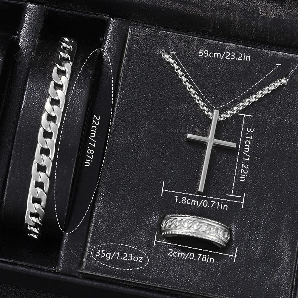 4Pcs Cross Men Watch Jewelry Set Silver Stainless Steel Chronograph Wristwatch Cuban Bracelet Cross Necklace Ring Gift For Him Qme