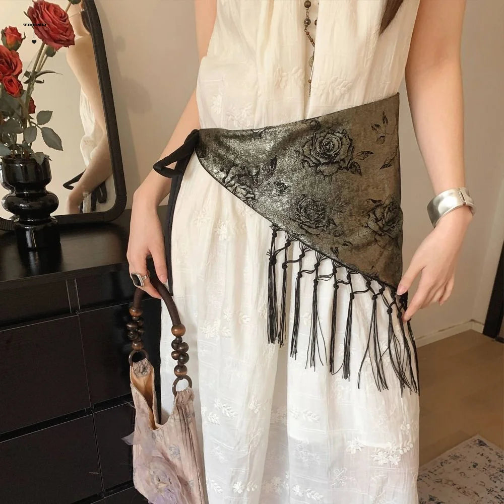 Chinese Style Triangular Waist Belt Tassel Printing Trim Butt Curtain Irregular Hem Ethnic Style Butt Curtain Skirt Jeans Decor Qme