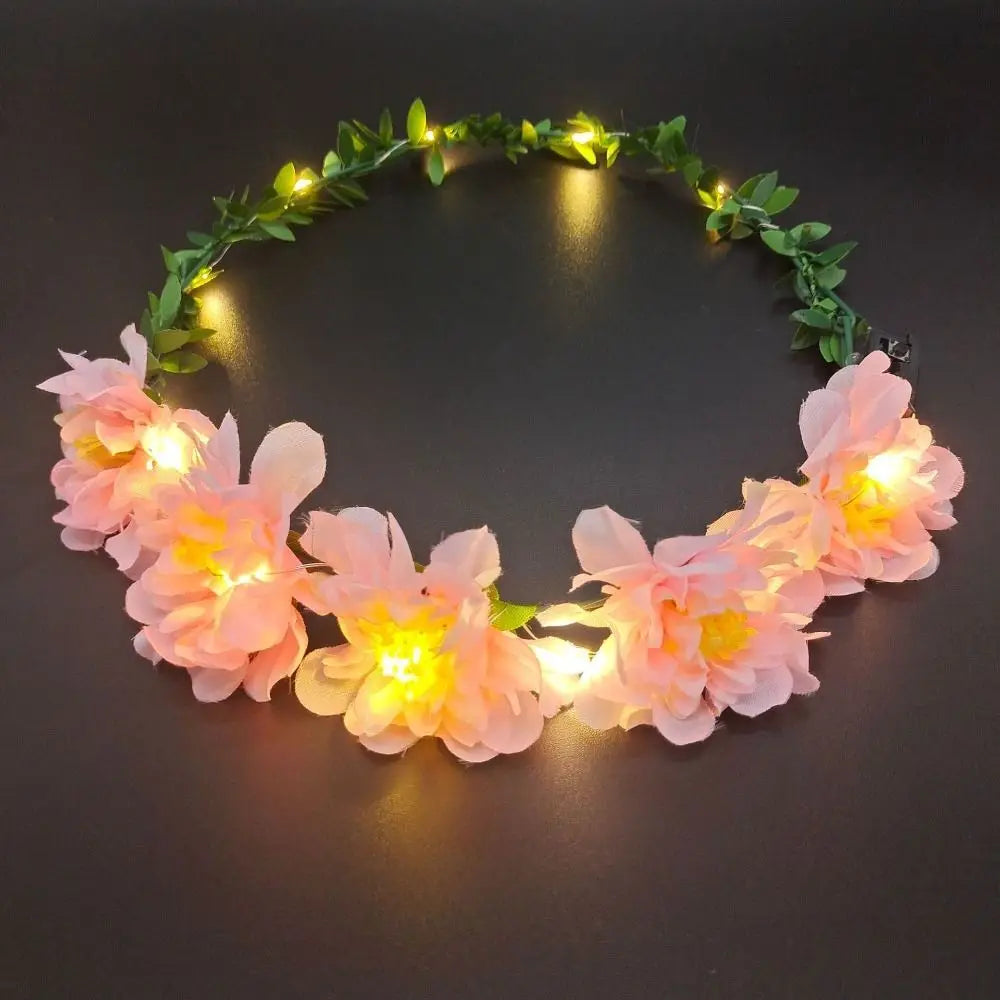 Simulation Rose Flower Wreath Headband Tiara LED Light Crowns Qme R