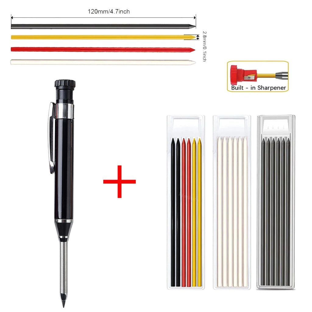 Metal Solid Carpenter Pencils with Sharpener Carpenter 2.8mm Solid Mechanical Pencils Marking Tools Construction/Carpenters Qme 1black pen-3 refills