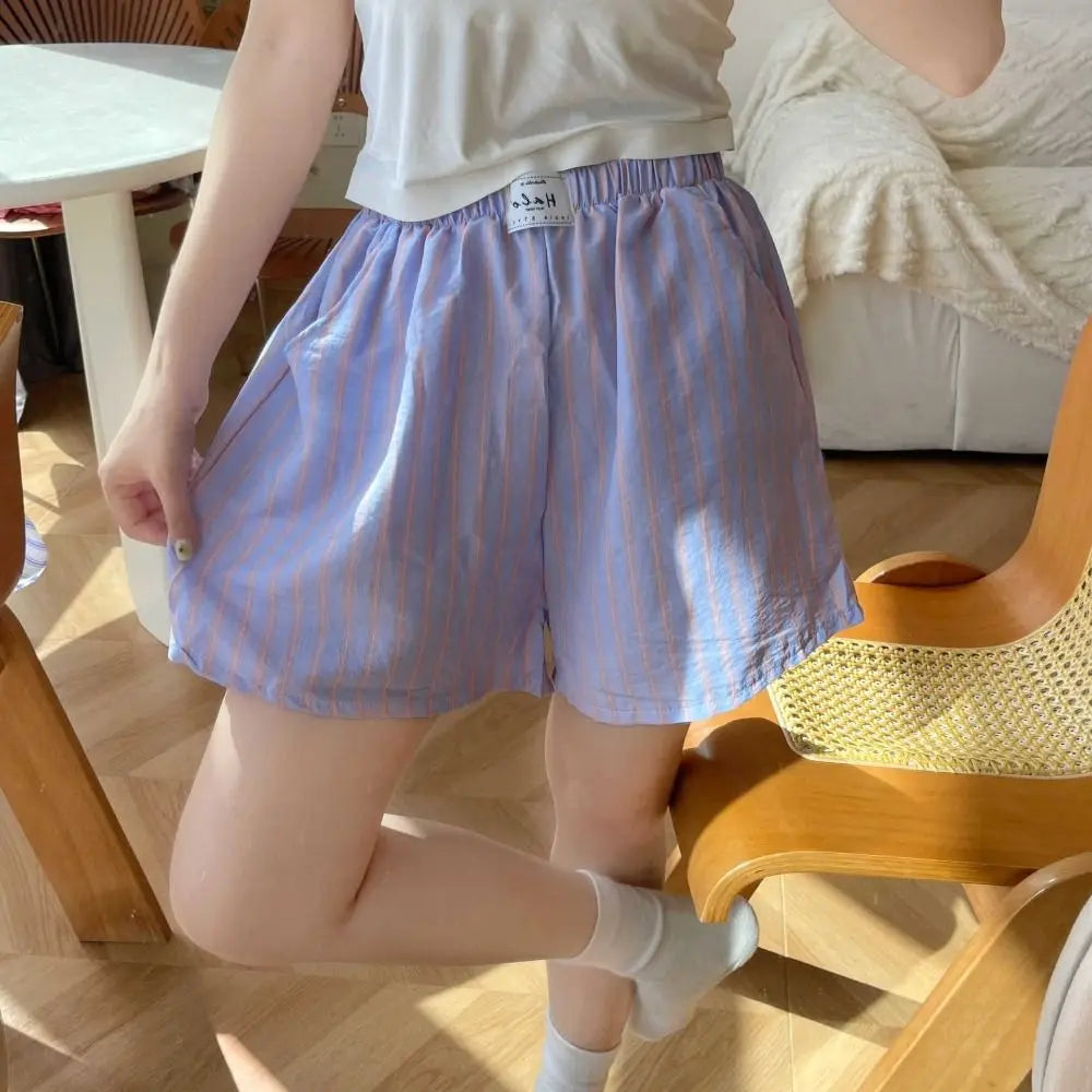 All Match Spring Summer Casual Shorts Women Baggy Chic Stripe Short Pants High Waist Elastic Waistband Thin Loose Shorts Girls Qme