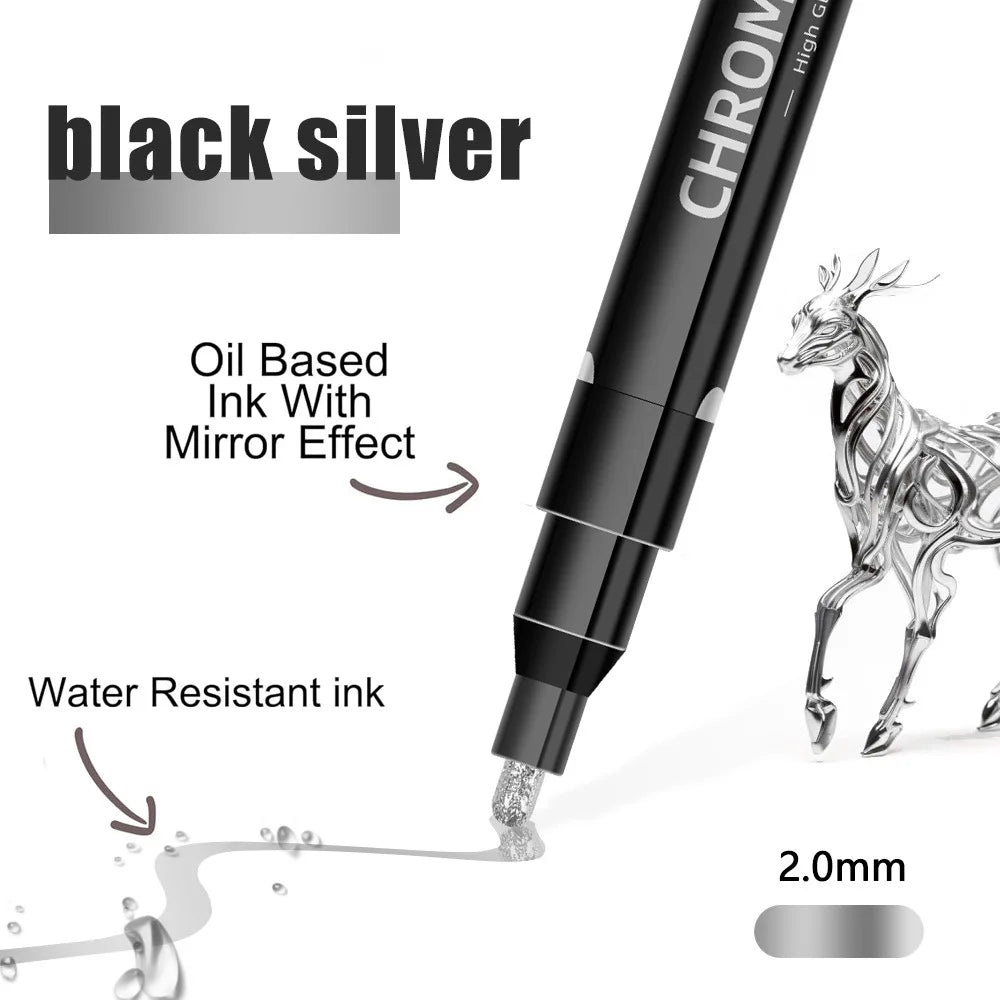1/2 Pcs Mirror Chrome Metallic Markers, Waterproof Paint Repair,For Rock Ceramic Glass Metallic 2mm Nib, Painting DIY Craft Qme 1 Pc Black Silver