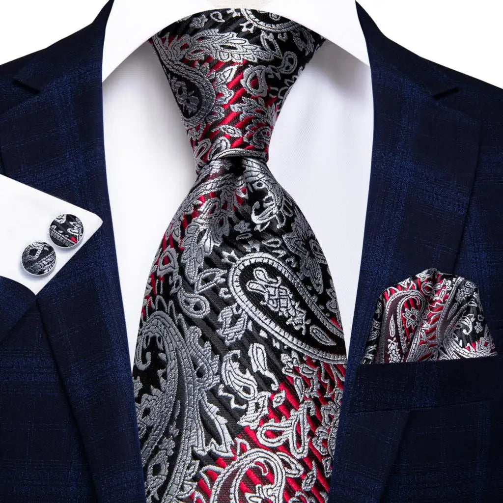 Luxury Mens Ties Floral Black Gold Paisley Red Blue Necktie Pocket