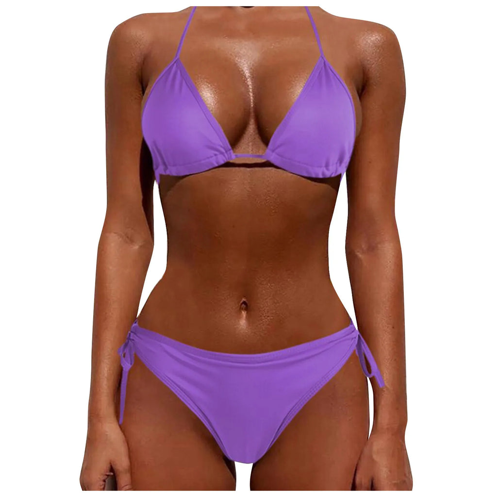 Sexy Women Bikini Brazilian Swimsuit Push-Up Bra Bikini Set Two Piece Swimwear Solid Color Lace Up Bathing Suit (No Padding) Qme