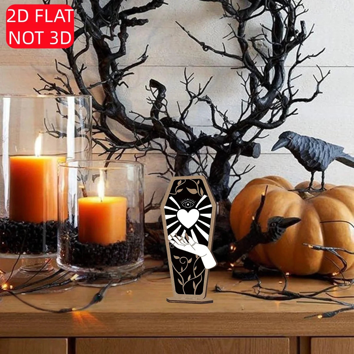 Halloween 2D Flat Wooden Coffin Sign – Gothic Mystic Design with Heart, All-Seeing Eye, and Hand. Perfect for Spooky Home Qme