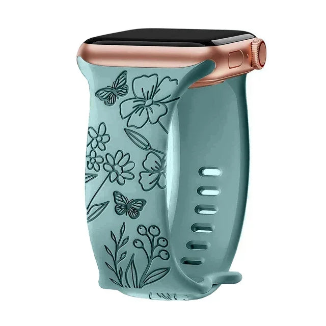 Floral Engraved Strap For Apple Watch Band 40mm 44mm 41mm 49mm 45mm 38mm 42mm silicone bracelet iwatch series 9 7 se 6 8 ultra 2 Qme Butterfly Green 38mm 40mm 41mm