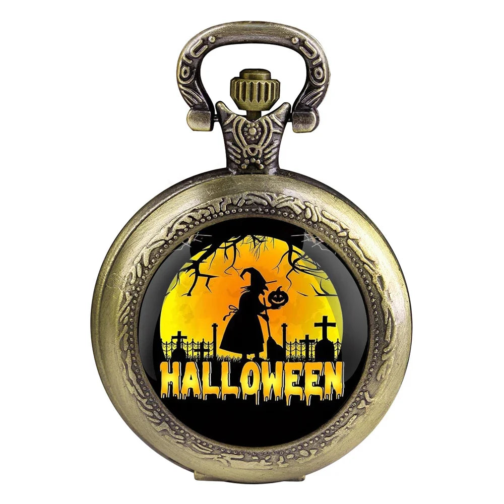 Black quartz pocket watch with Halloween glass dome, Arabic numeral dial and durable chain Qme Multicolor
