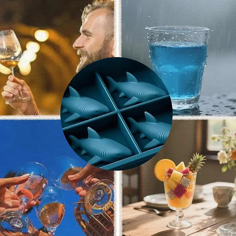 Silicone Ice Cube Tray Whiskey Party Drinks Shark Mold Blue 4-Cavity Qme
